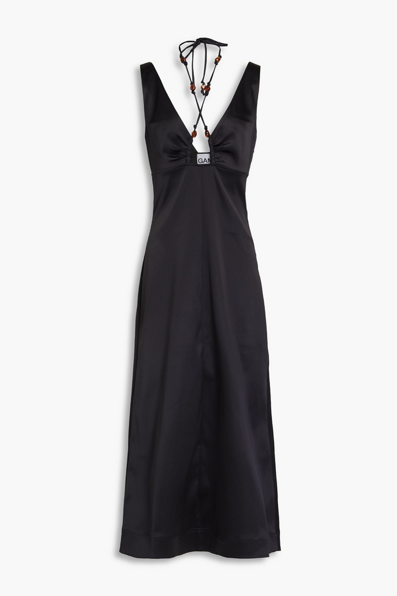 ganni - bead-embellished ruched satin halterneck midi dress - black - de 42
