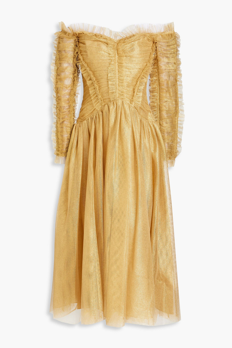 Zimmermann - Off-the-shoulder gathered metallic tulle midi dress - Metallic - 1