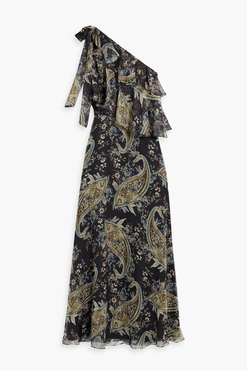 mikael aghal - one-shoulder ruffled printed chiffon maxi dress - black - us 2