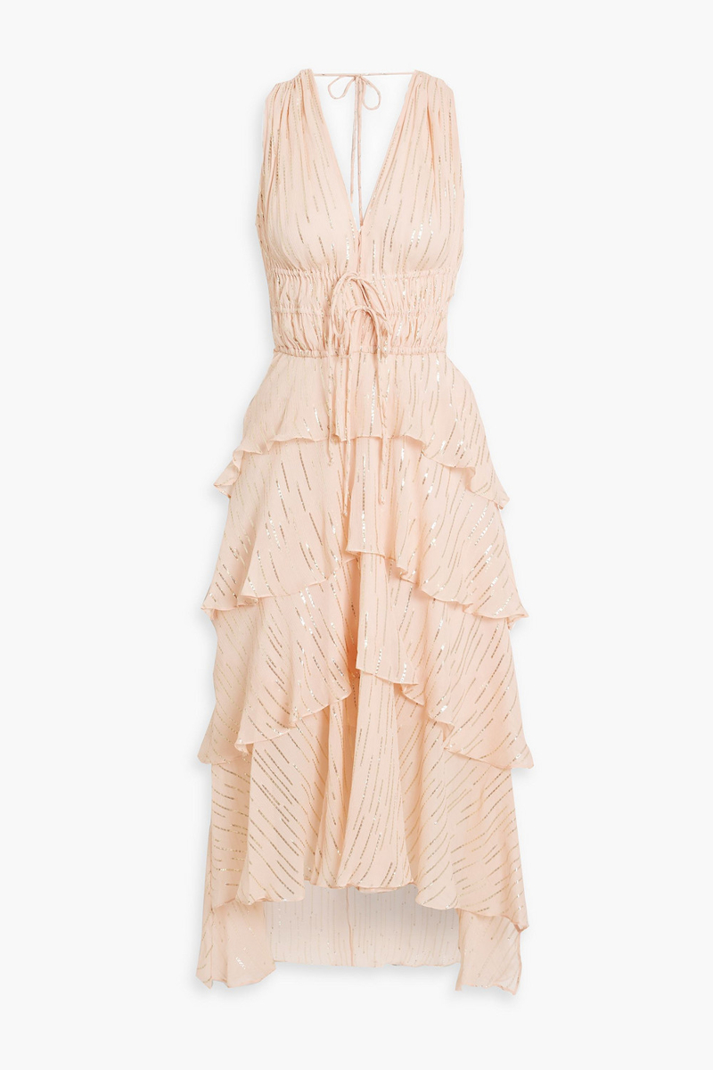 Maje - Ruffled metallic silk-blend crepon midi dress - Pink - FR 38