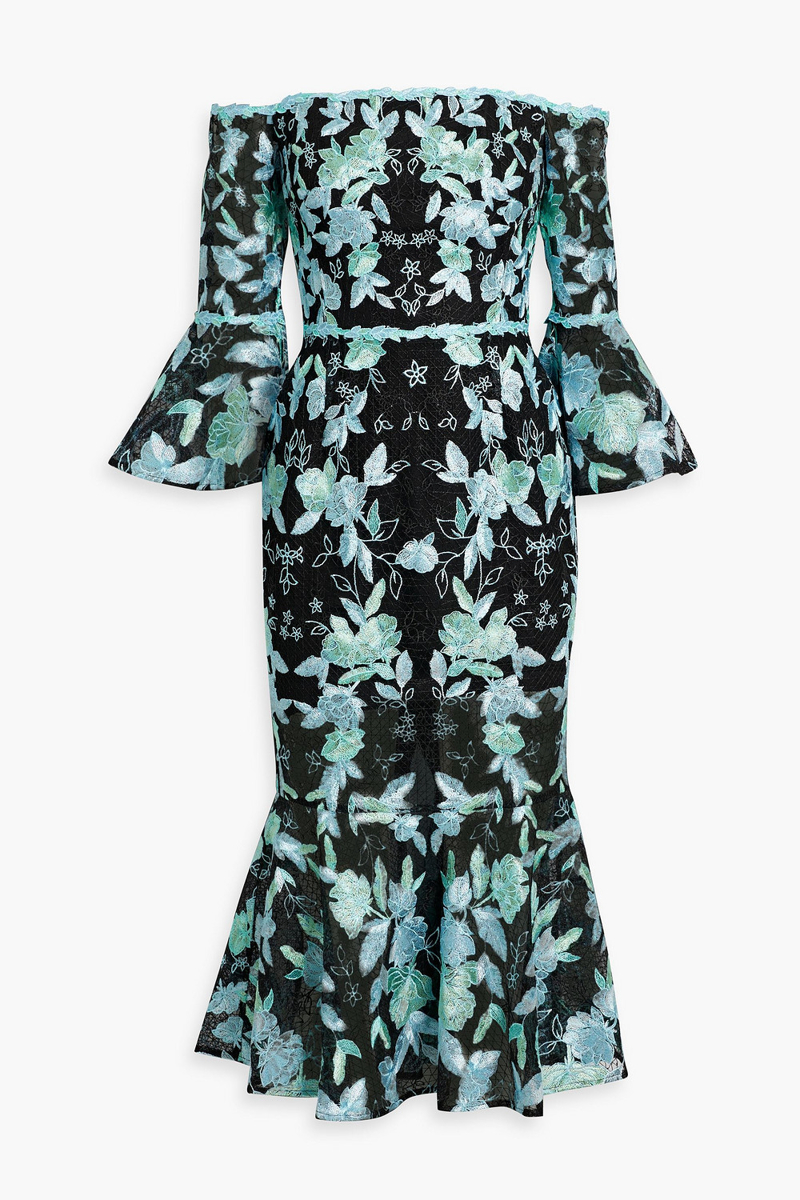 Marchesa Notte - Off-the-shoulder fluted embroidered tulle midi dress - Green - US 8