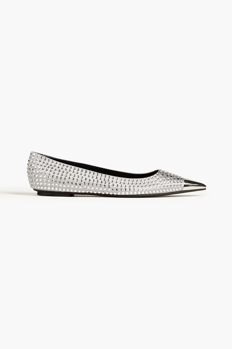 Sergio Rossi - Dagger crystal-embellished satin point-toe flats - Metallic - EU 37
