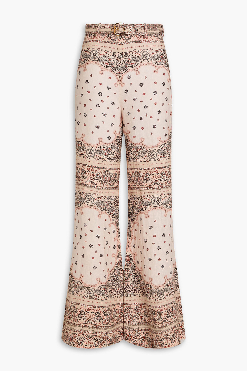 zimmermann - belted paisley-print linen flared pants - neutral - 00