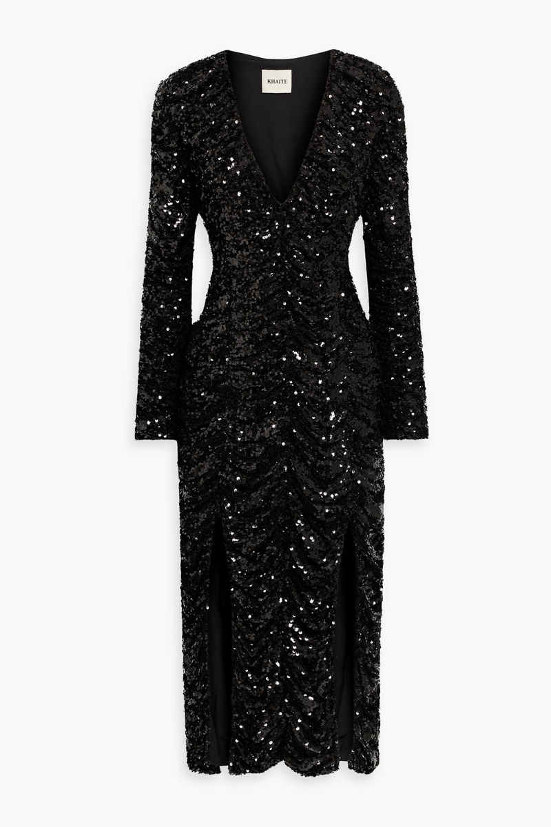 Khaite - Lana ruched sequined knitted midi dress - Black - US 2