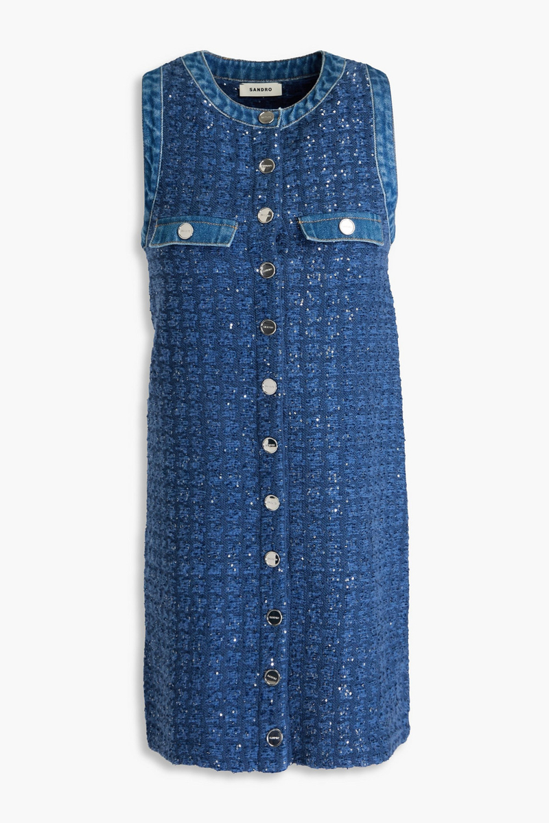 sandro - sequin-embellished bouclé-tweed mini dress - blue - fr 34