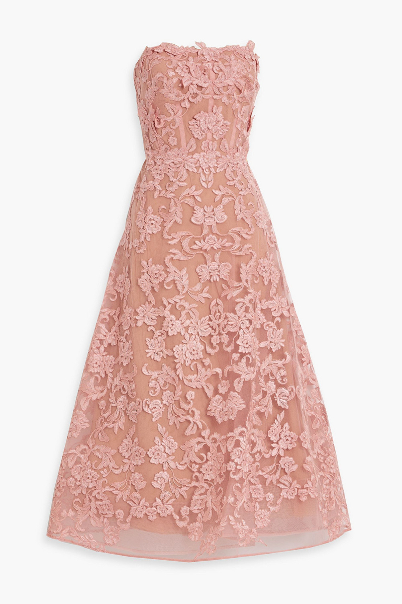 marchesa notte - strapless floral-appliquéd corded lace midi dress - pink - us 6