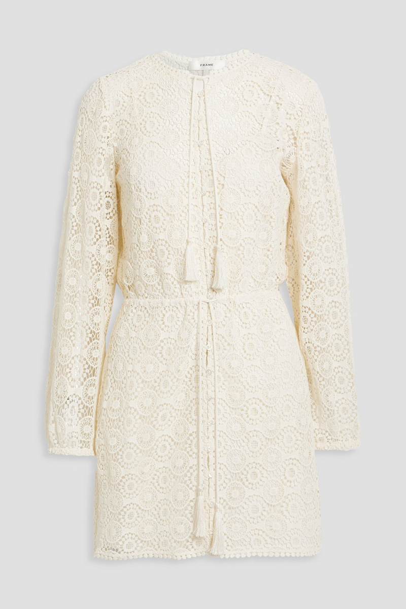 frame - tasseled crocheted cotton mini dress - white - s