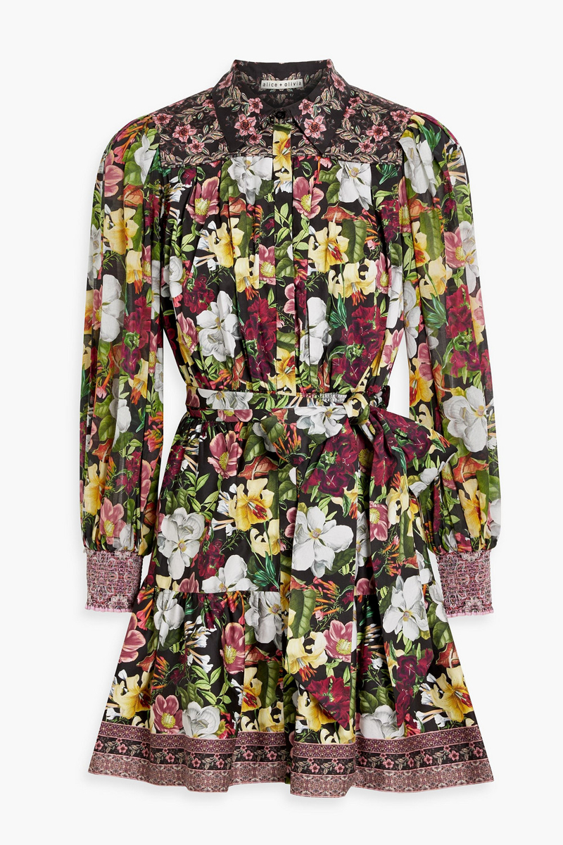 Alice Olivia - Tiffie shirred floral-print cotton-blend poplin mini shirt dress - Black - US 4
