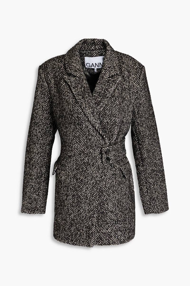 ganni - belted herringbone twill coat - black - de 42