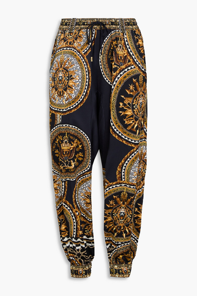 camilla - cropped crystal-embellished printed silk-satin tapered pants - blue - s
