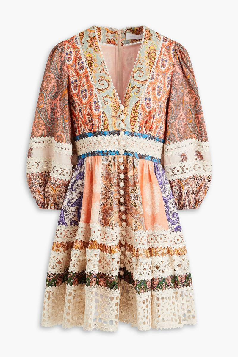 zimmermann - crochet-trimmed printed linen mini dress - multicolor - 00