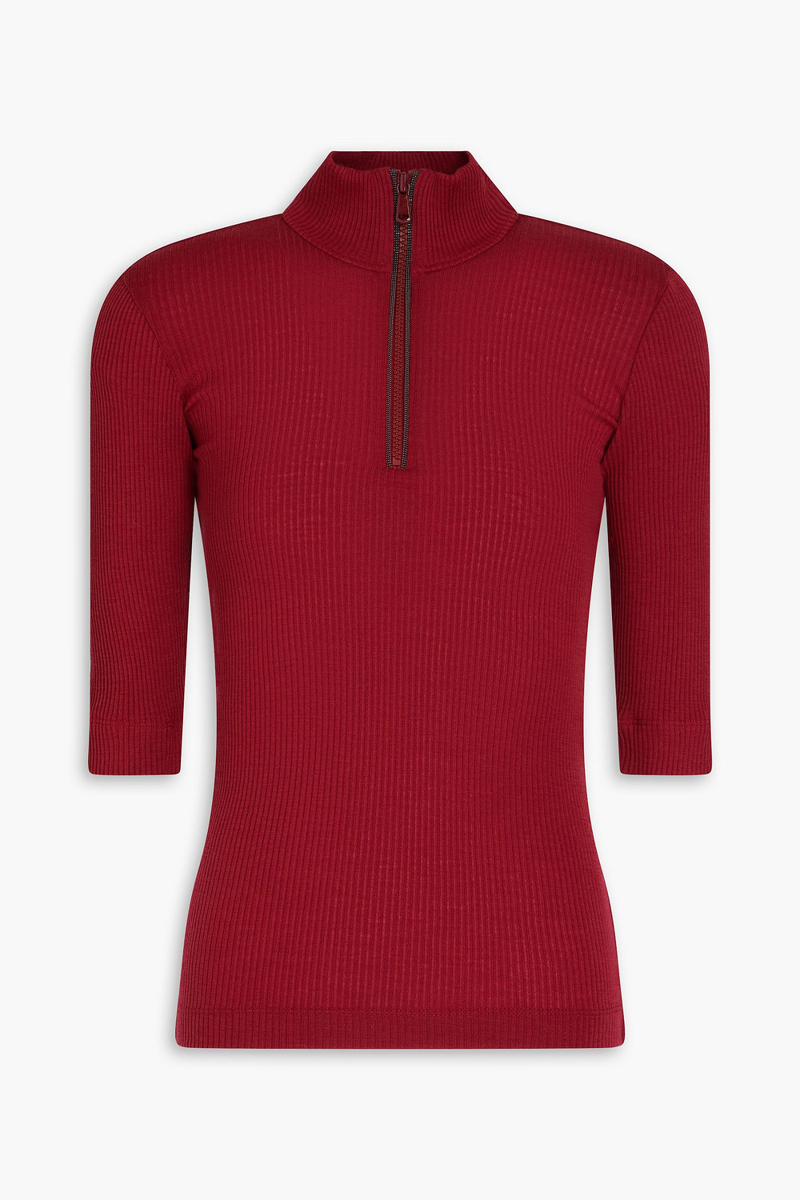 brunello cucinelli - bead-embellished ribbed wool half-zip turtleneck top - red - xs