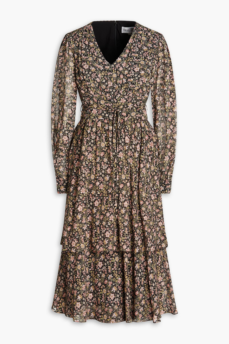 Mikael Aghal - Tiered floral-print metallic fil coupé chiffon midi dress - Black - US 14