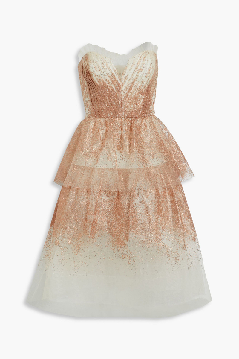 Marchesa Notte - Strapless tiered glittered tulle midi dress - White - US 10