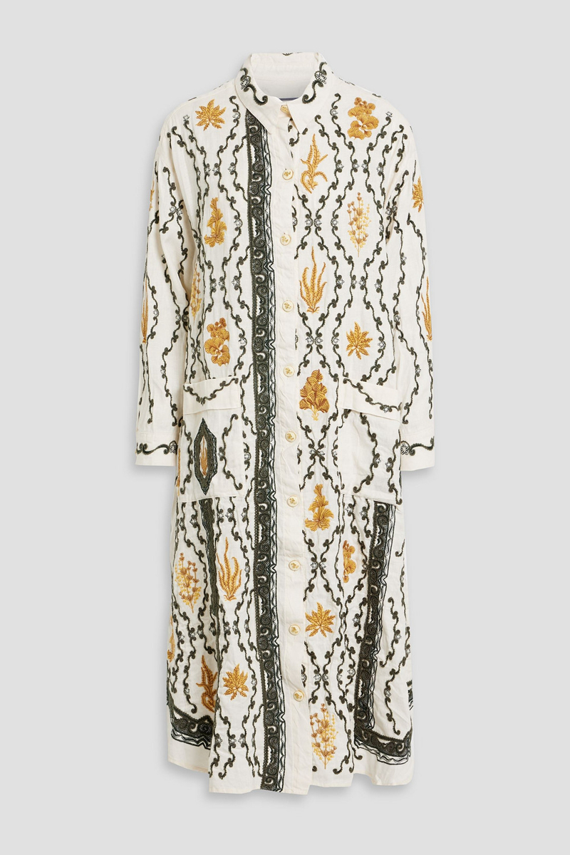 agua by agua bendita - frida calado embroidered linen midi shirt dress - white - m