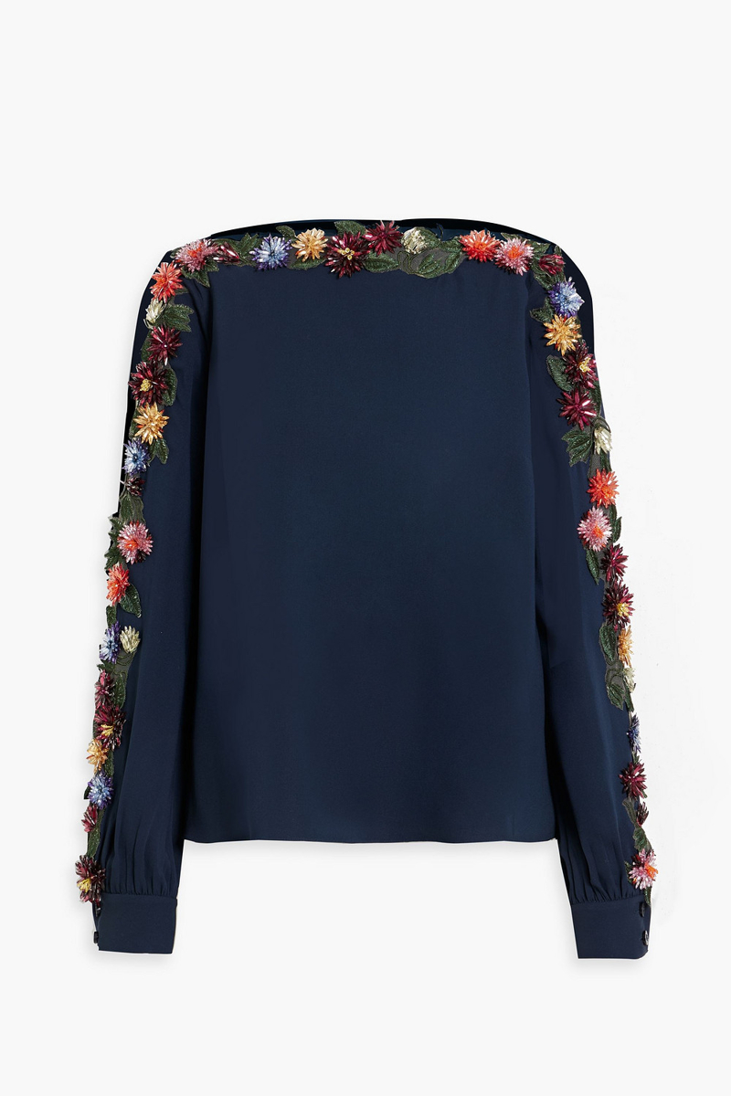 Oscar de la Renta - Tulle-trimmed embellished silk-blend crepe blouse - Blue - US 4