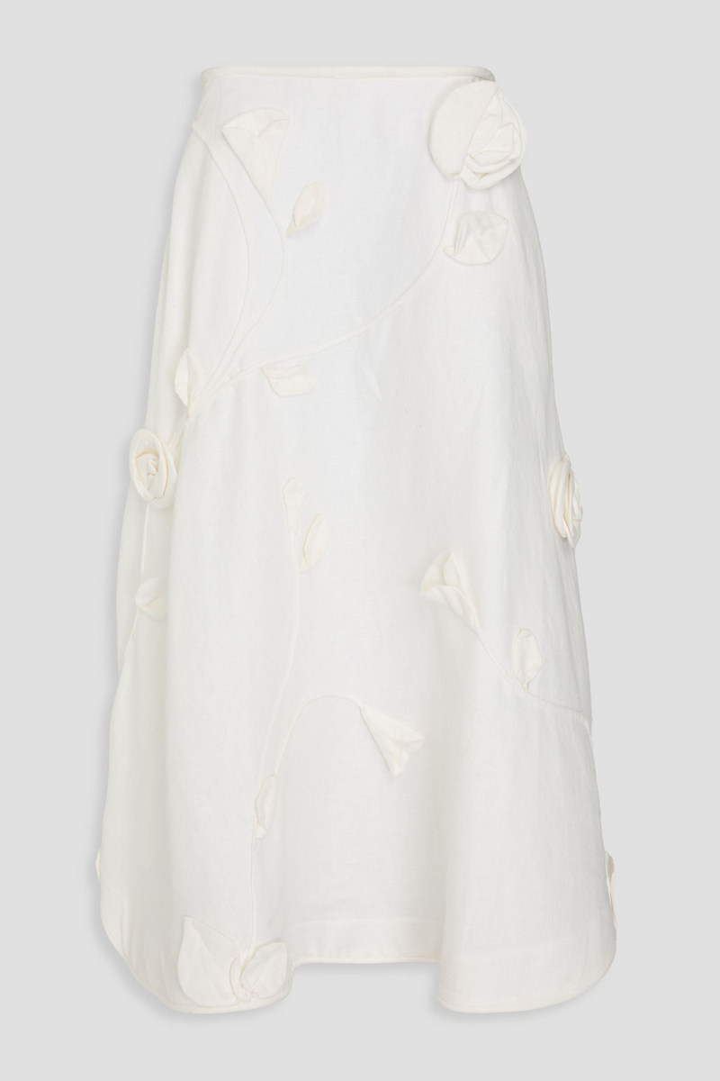 zimmermann - floral-appliquéd linen midi skirt - white - 2