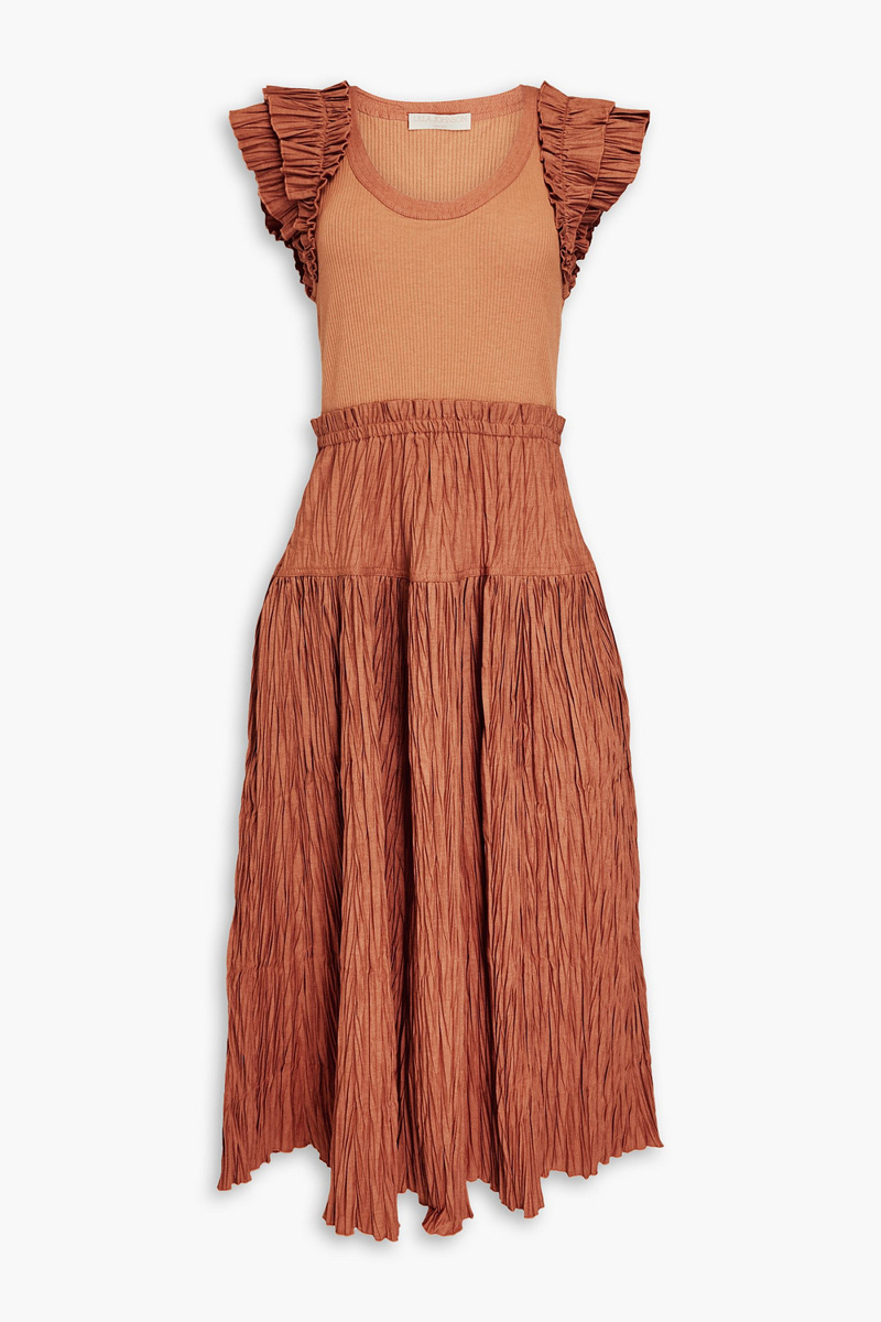 Ulla Johnson - Virginia ribbed jersey-paneled woven midi dress - Brown - US 00