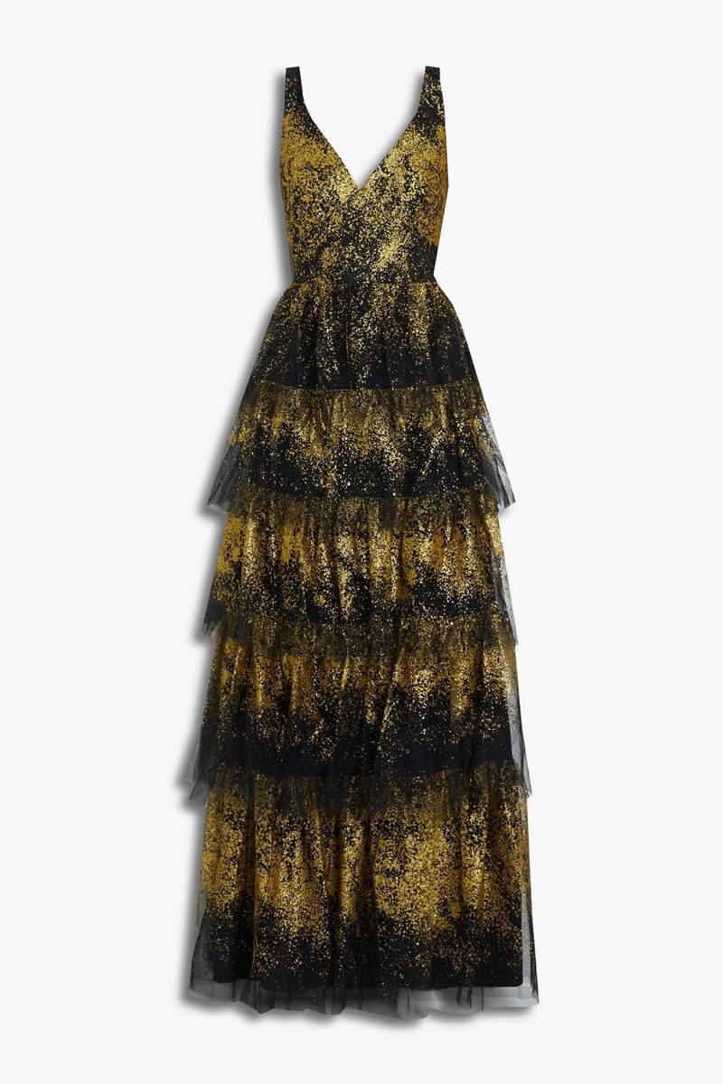 Marchesa Notte - Tiered glittered tulle gown - Black - US 0