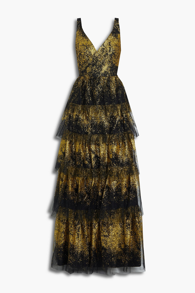 Marchesa Notte - Tiered glittered tulle gown - Black - US 6