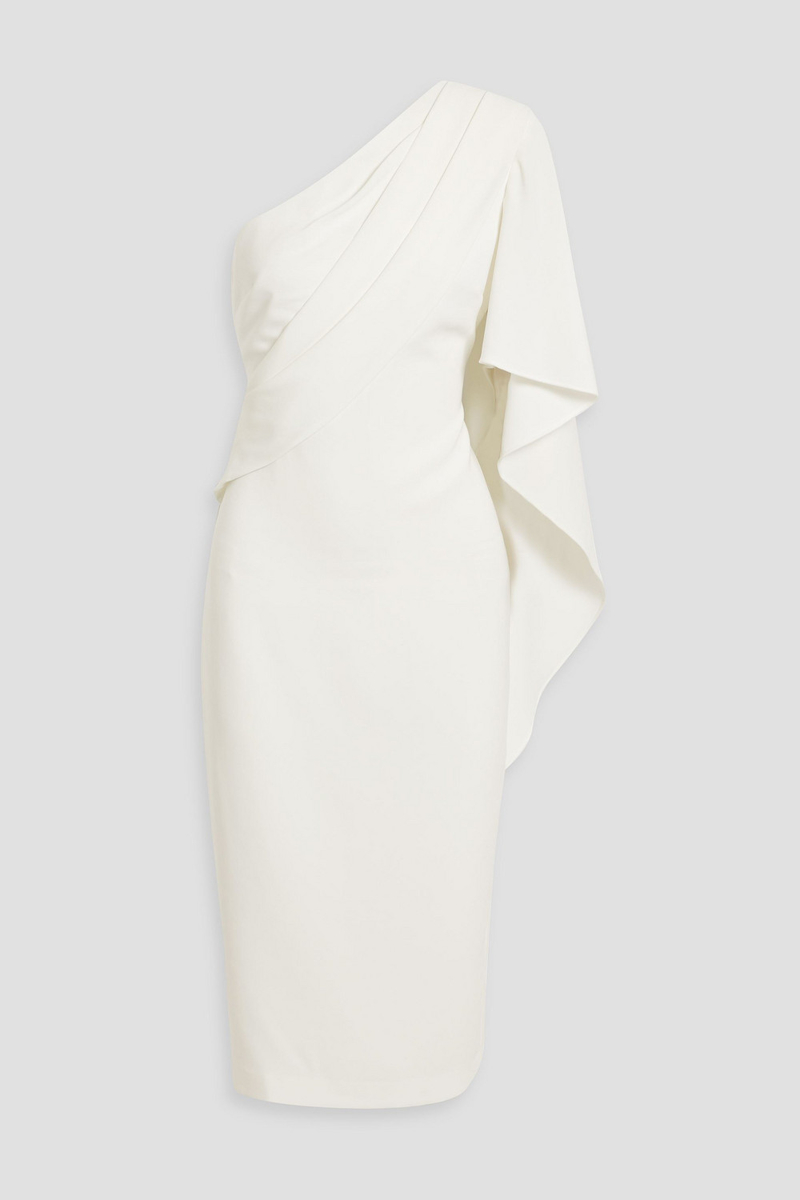 badgley mischka - one-sleeve draped crepe midi dress - white - us 2