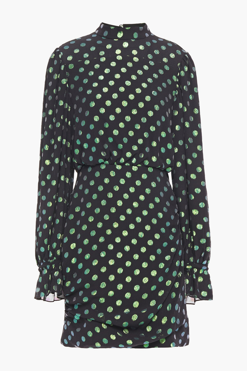 Saloni - Gathered metallic fil coupé silk-blend crepon mini dress - Black - UK 14