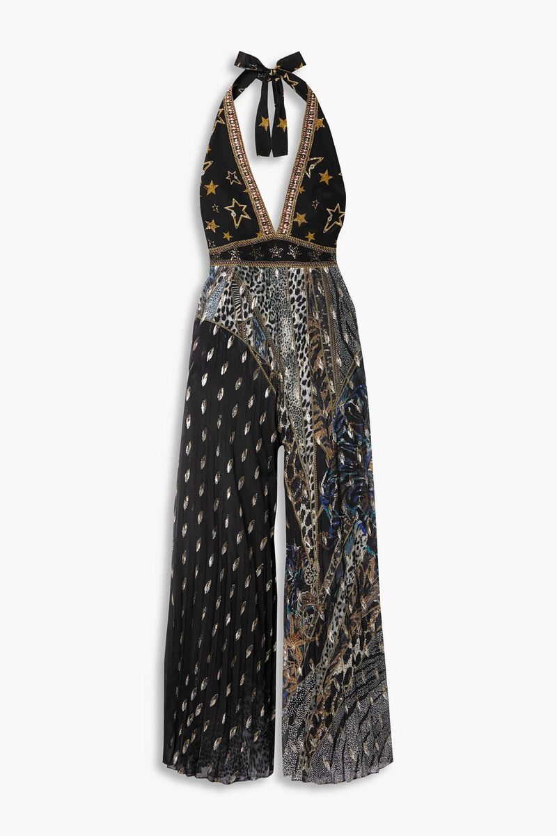Camilla - Embellished printed fil coupé silk-crepe halterneck jumpsuit - Black - L