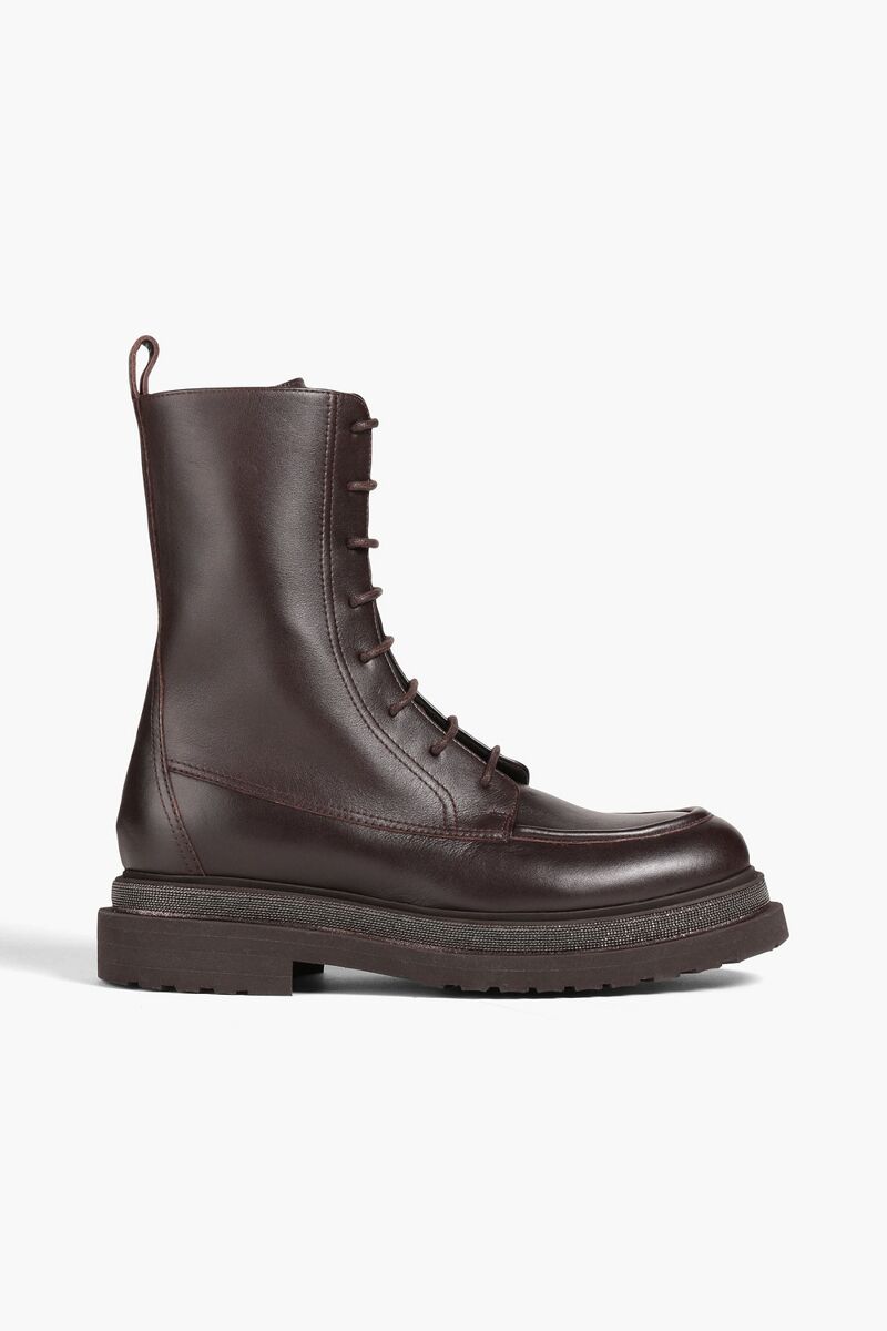 Brunello Cucinelli - Bead-embellished leather combat boots - Brown - EU 41