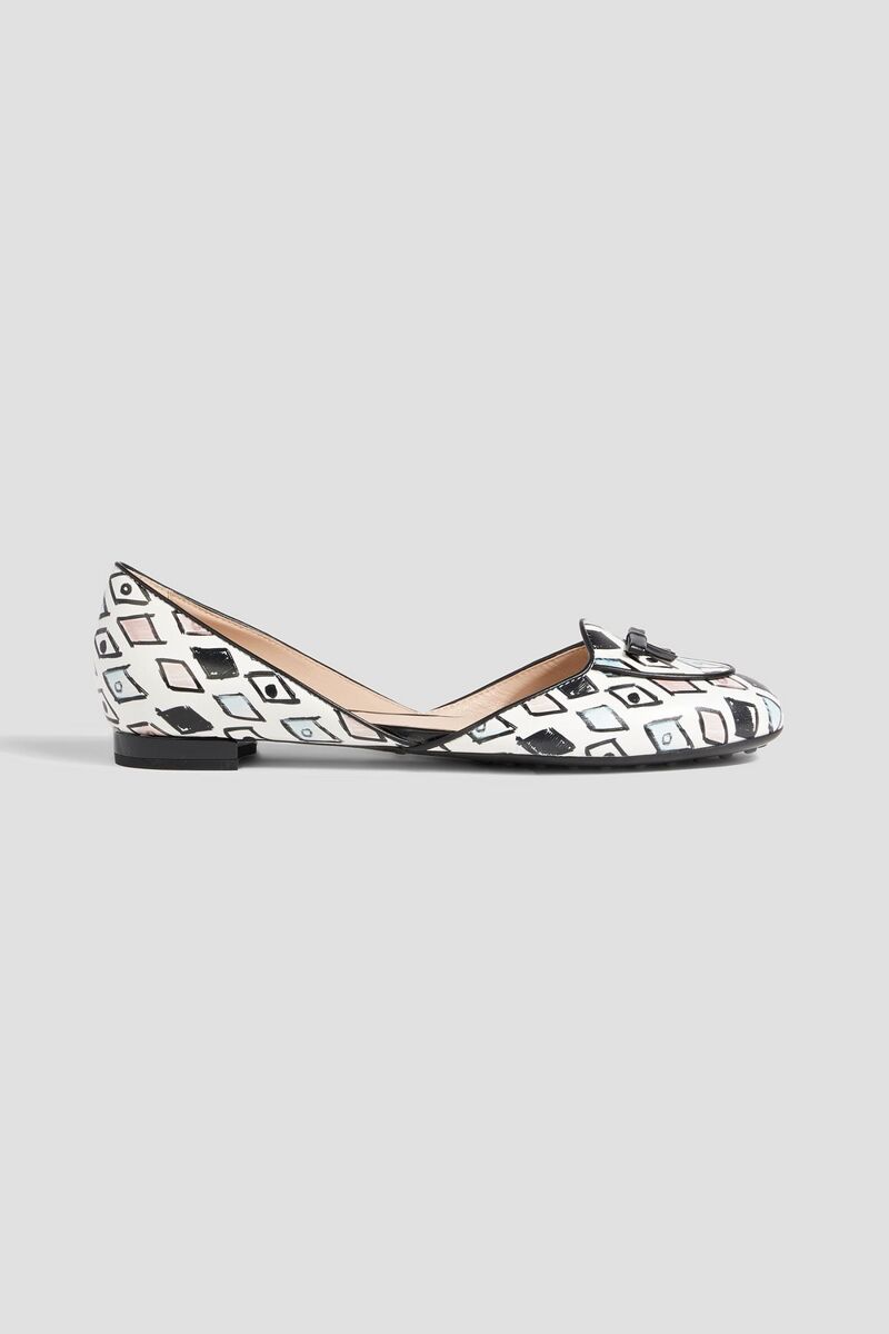Tod's - Bow-detailed printed leather ballet flats - White - EU 38