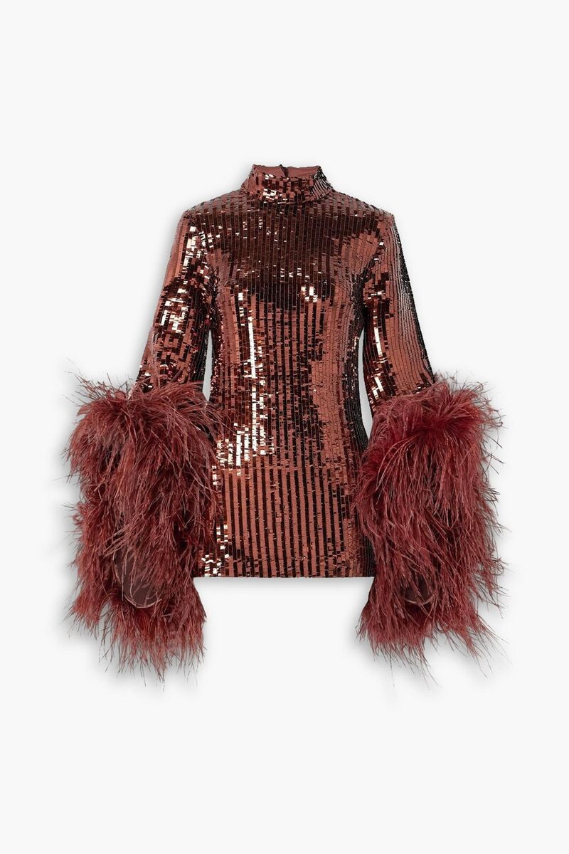 Taller Marmo - Del Rio Disco feather-trimmed sequined tulle mini dress - Brown - IT 36