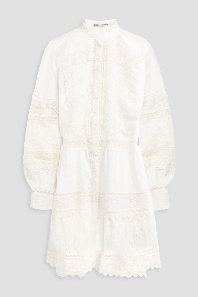 Alice Olivia - Lace-paneled embroidered cotton mini dress - White - XL