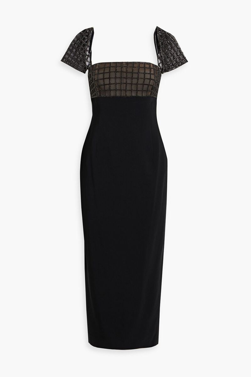 Oscar de la Renta - Crystal-embellished tulle-paneled crepe midi dress - Black - US 6