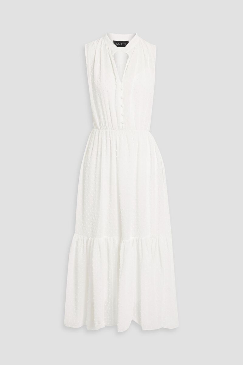 Saloni - Alexia Swiss-dot georgette midi dress - White - UK 6