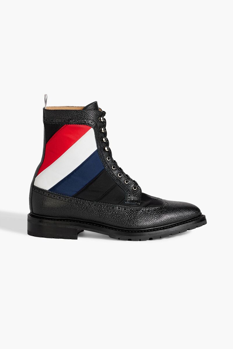 Thom Browne - Striped shell and pebbled-leather brogue boots - Black - US 6
