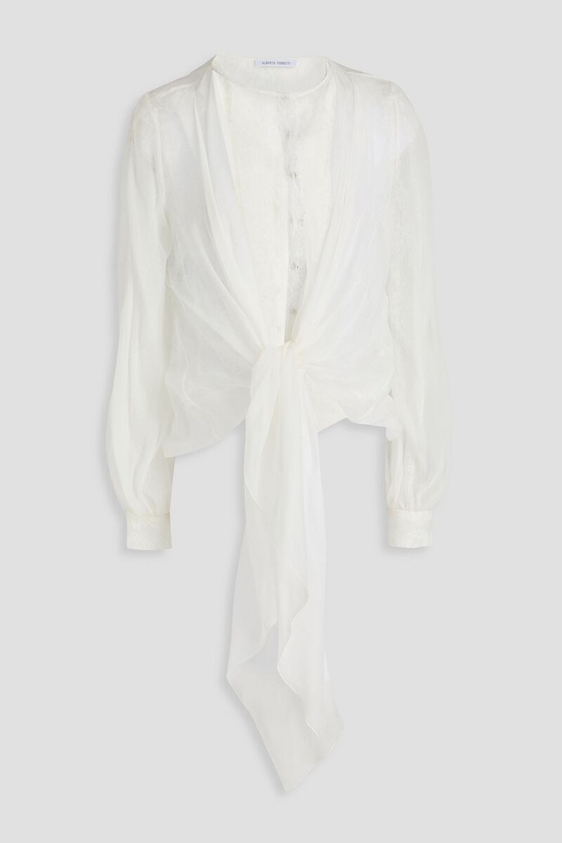 Alberta Ferretti - Tie-front layered silk-voile and corded lace blouse - White - IT 40