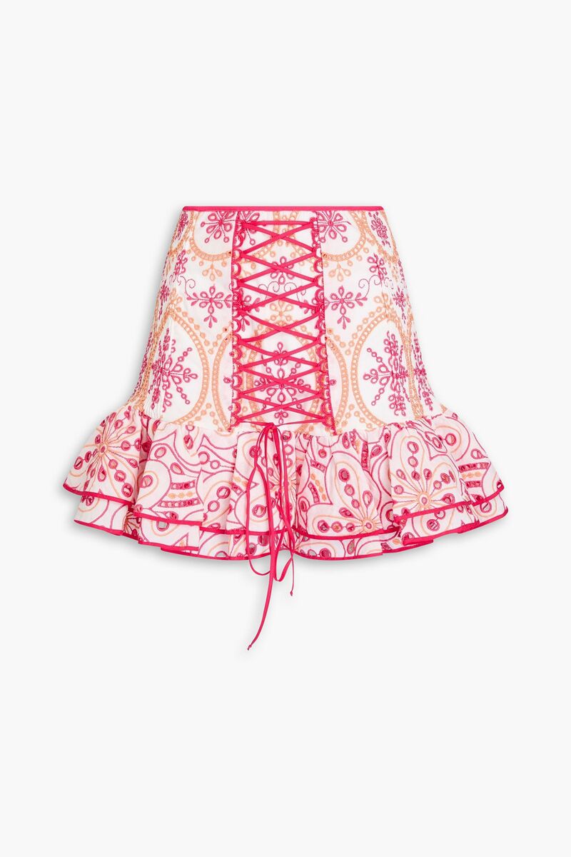 Charo Ruiz Ibiza - Lucrecia lace-up broderie anglaise cotton-blend mini skirt - Pink - M
