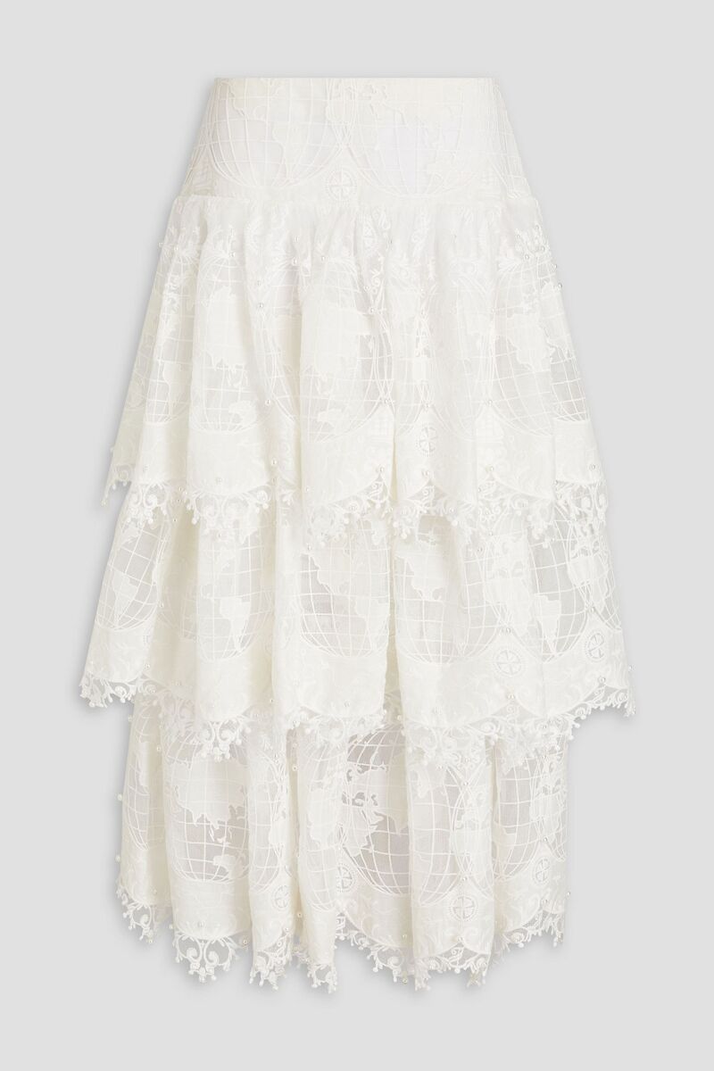 Zimmermann - Embellished tiered voile and tulle maxi skirt - White - 00