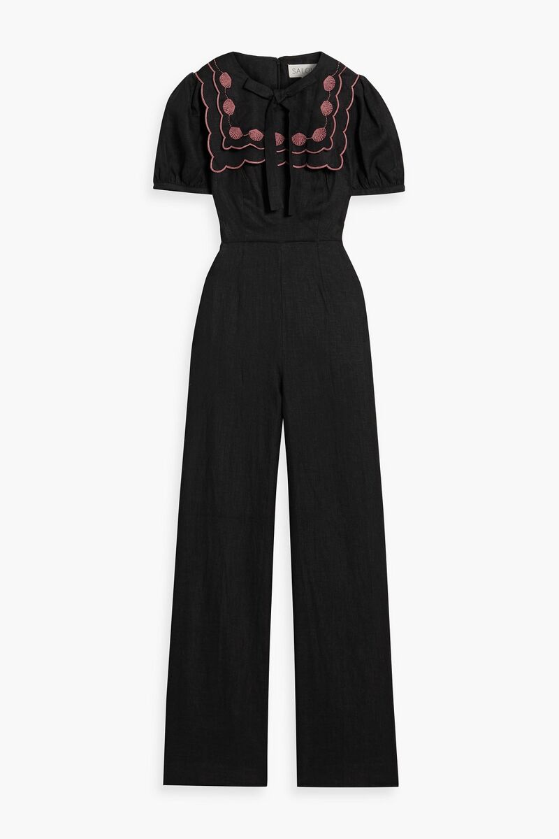 Saloni - Marlowe embroidered linen wide-leg jumpsuit - Black - UK 10