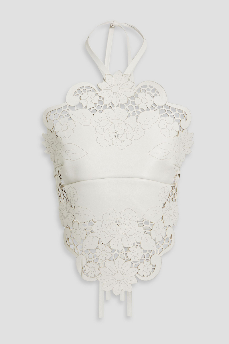 oscar de la renta - laser-cut leather halterneck top - white - us 8