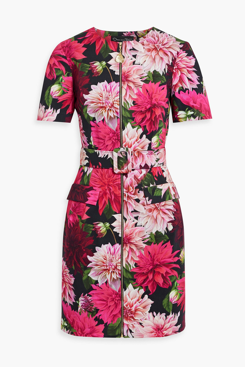 oscar de la renta - belted floral-print cotton-blend twill mini dress - pink - us 4