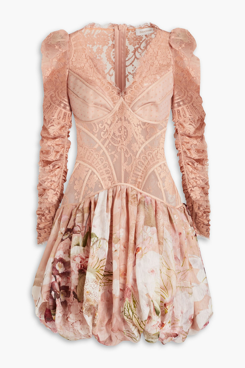Zimmermann - Flocked silk and linen-blend tulle, lace and gauze mini dress - Pink - 1