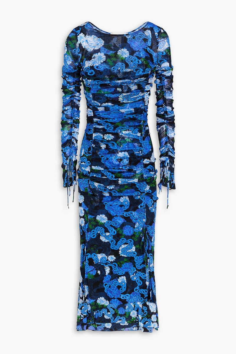 diane von furstenberg - corinne ruched printed stretch-mesh midi dress - blue - m