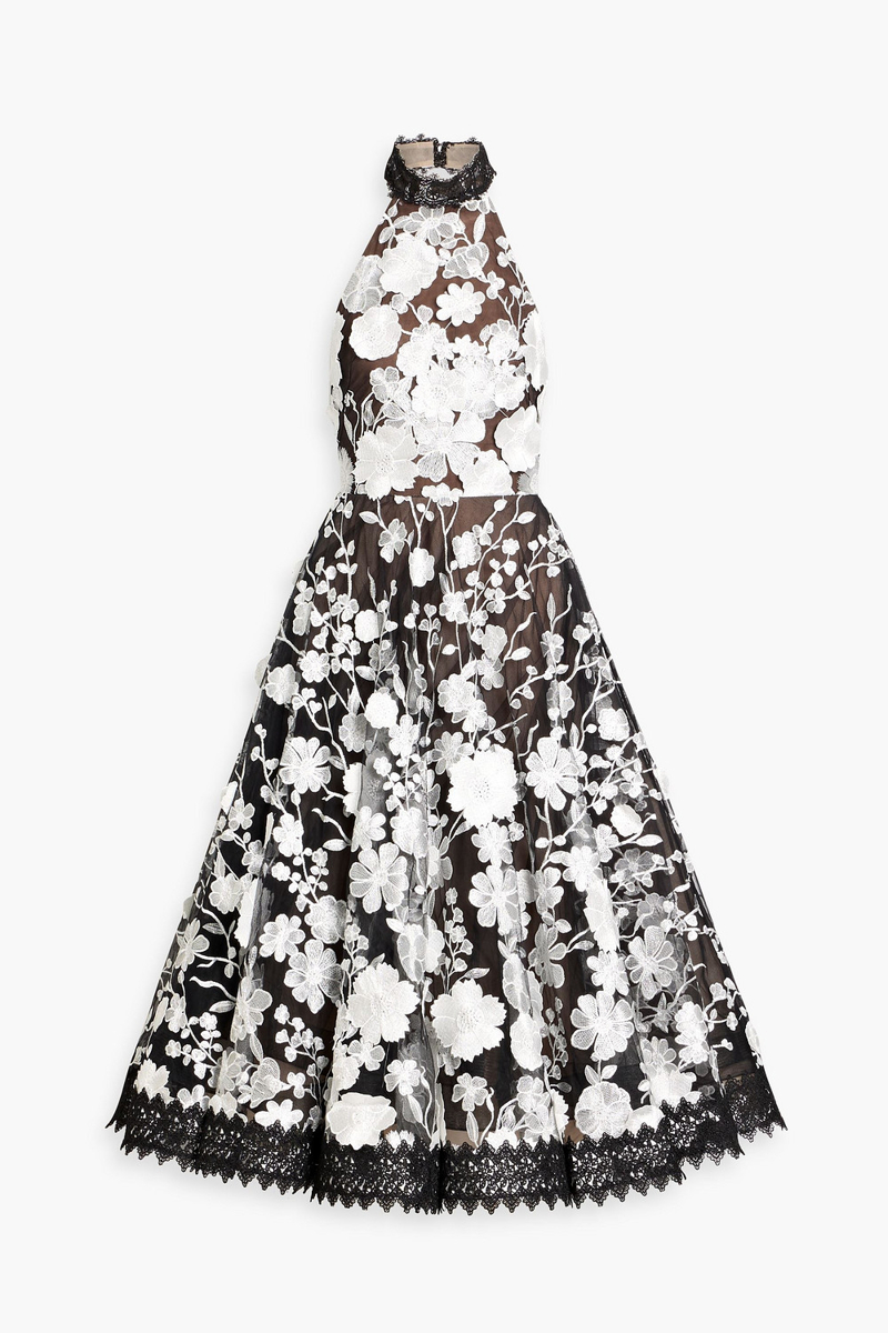 bronx and banco - greta fembroidered tulle halterneck midi dress - black - uk 10