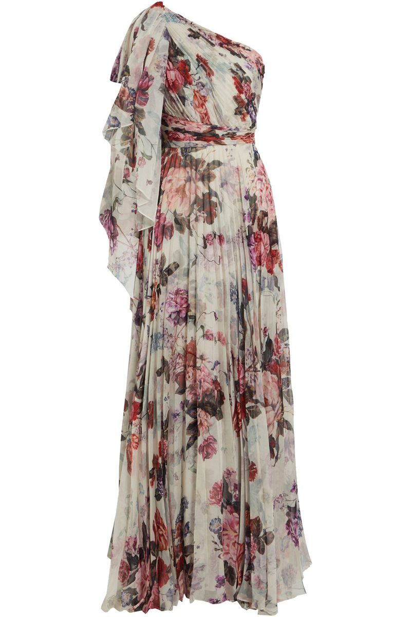 Marchesa Notte - One-shoulder pleated floral-print chiffon gown - White - US 6