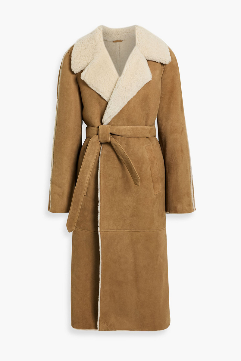 maje - belted shearling coat - brown - fr 38