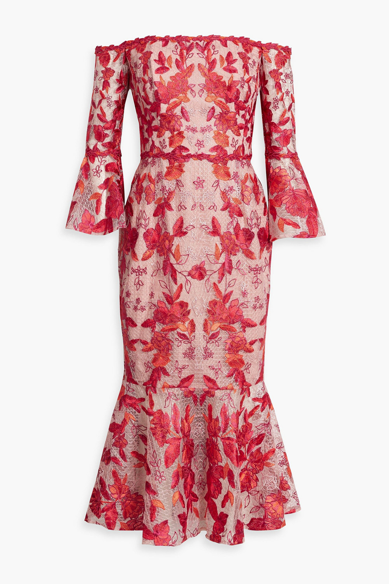 Marchesa Notte - Off-the-shoulder fluted embroidered tulle midi dress - Red - US 6