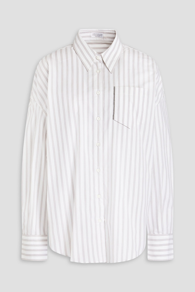 Brunello Cucinelli - Bead-embellished striped stretch-cotton poplin shirt - White - 3XL