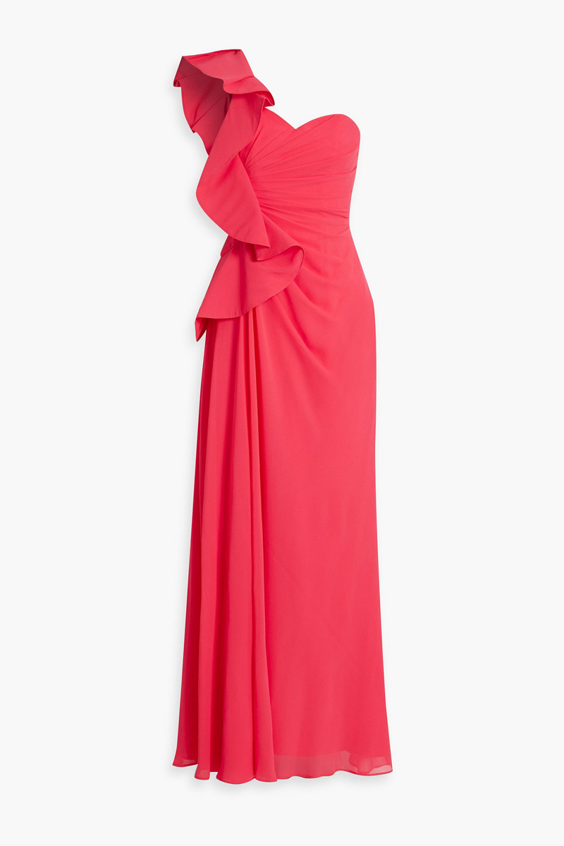 badgley mischka - one-shoulder ruffled chiffon gown - orange - us 4