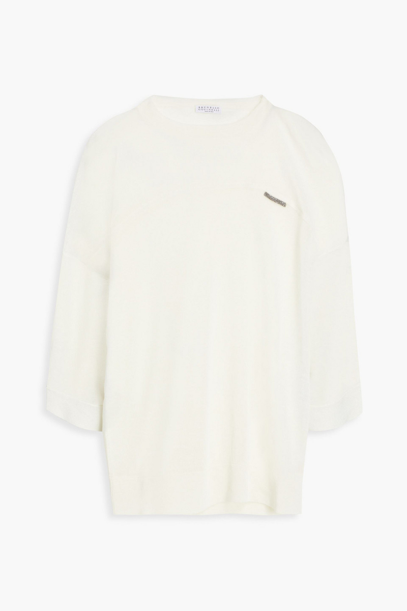 brunello cucinelli - bead-embellished linen-blend sweater - white - l