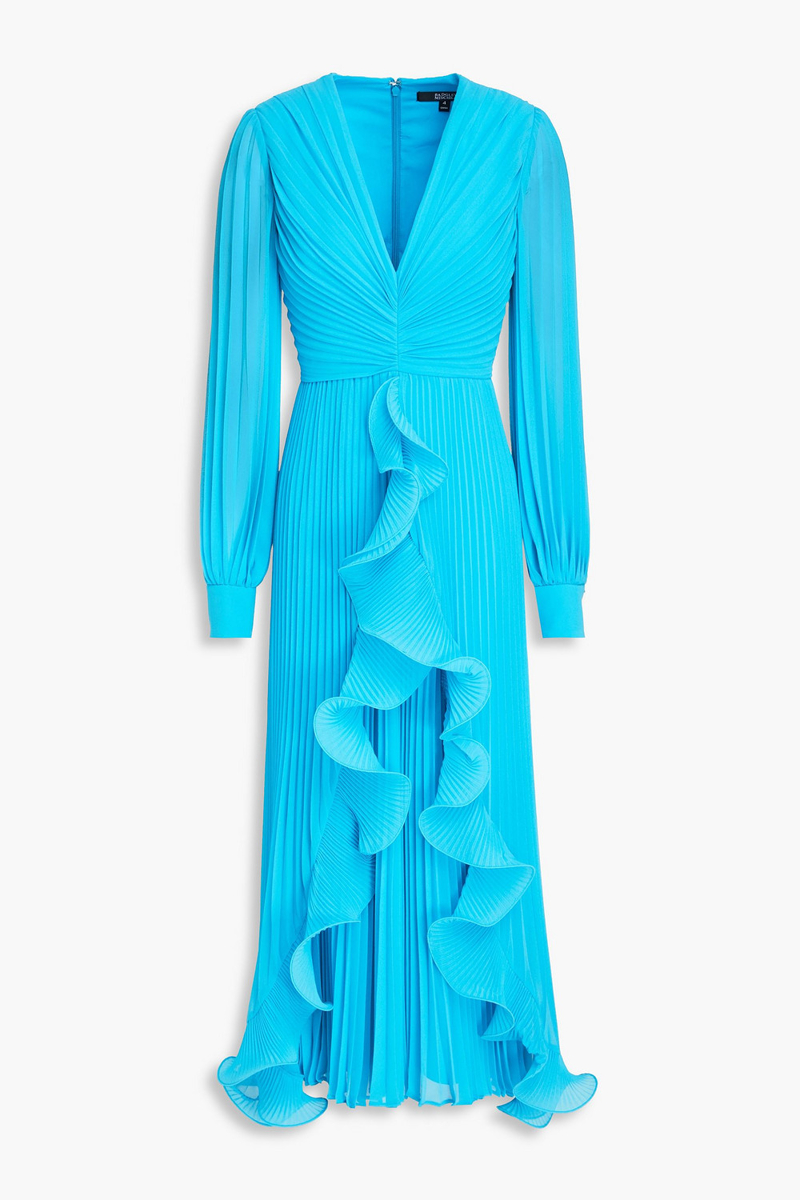 badgley mischka - ruffled pleated georgette midi dress - blue - us 6